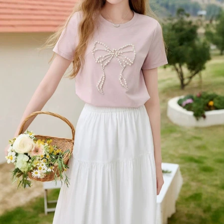 2026 Summer New round neck, shoulder, thin and short top, bow and beaded T-shirt, women's short-sleeved T96S479B 2026 Summer New round neck, shoulder, thin and short top, bow and beaded T-shirt, women's short-sleeved T96S479B